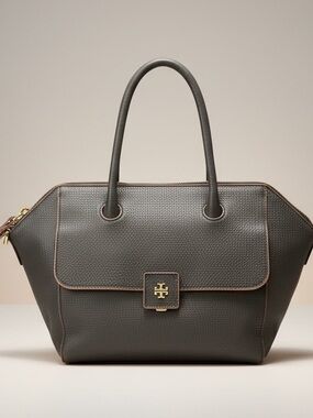 Tory Burch Clara Leather Satchel Navy Tan Trim Shoulder Strap